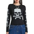 thumbnail image 4 of Women's Spring Autumn Slim Tops Black Long Sleeve Round Neck Skull Print T-shirt Slight Color, 4 of 9