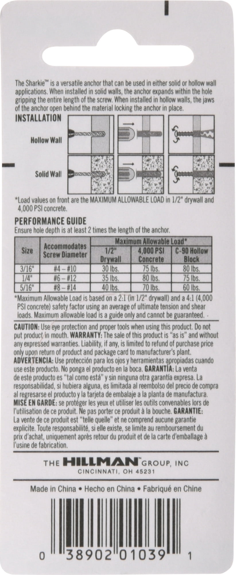 Hillman Nylon Sharkie Anchors with Screws (#6-12), 80 lbs - 6 Pieces