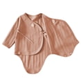 thumbnail image 4 of Lenpel Newborn Baby Kimono Bodysuits Cute Side Bow Tie Breathable Wrap Onesies Long Sleeve Fashion Button Casual Infant Jumpsuits(Brown,6-9Months), 4 of 6