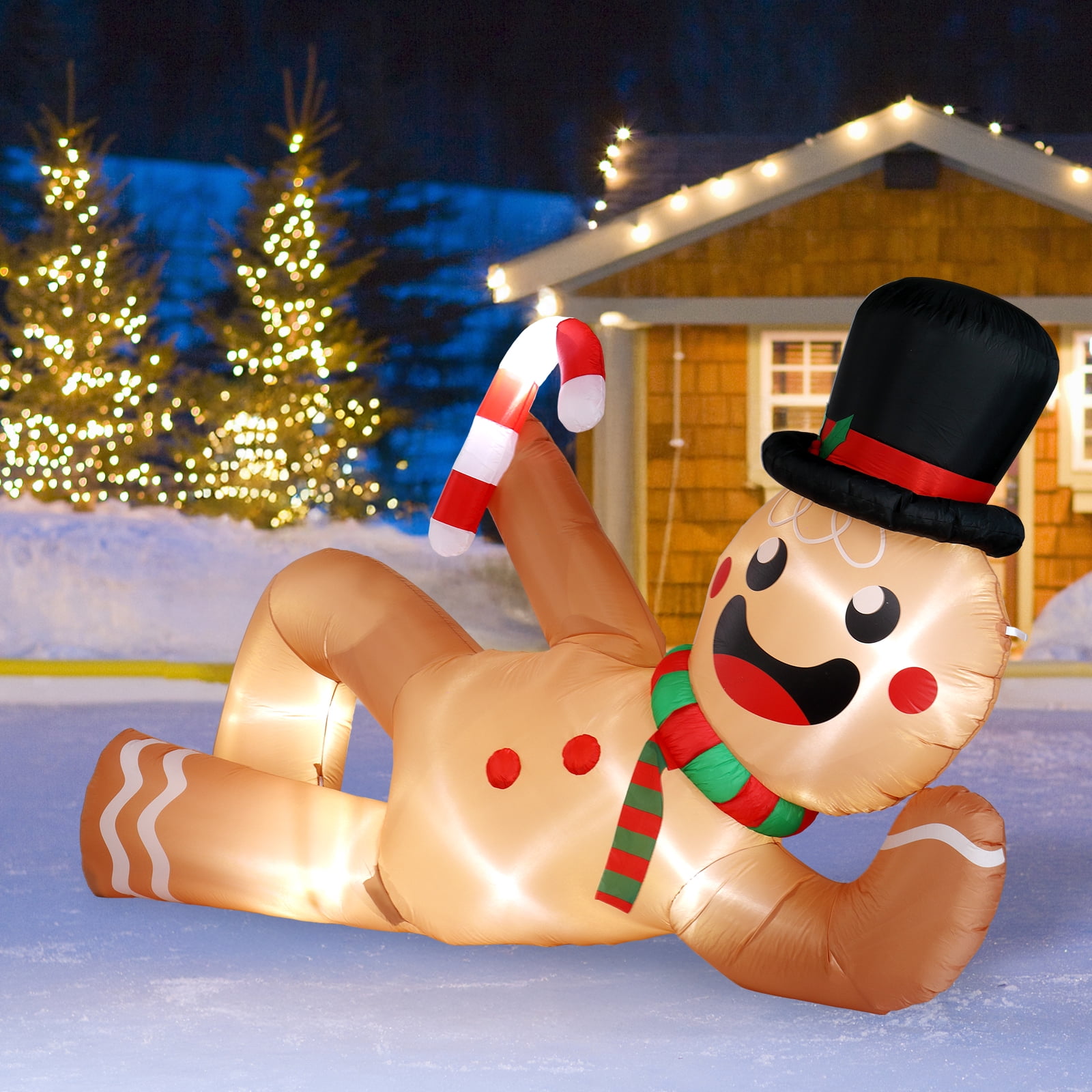9.8ft Reclining Gingerbread Man, 6 LED Lights, Drawstring Bag, Christmas Inflatable Decoration, 12V, 1500mA, US Standard