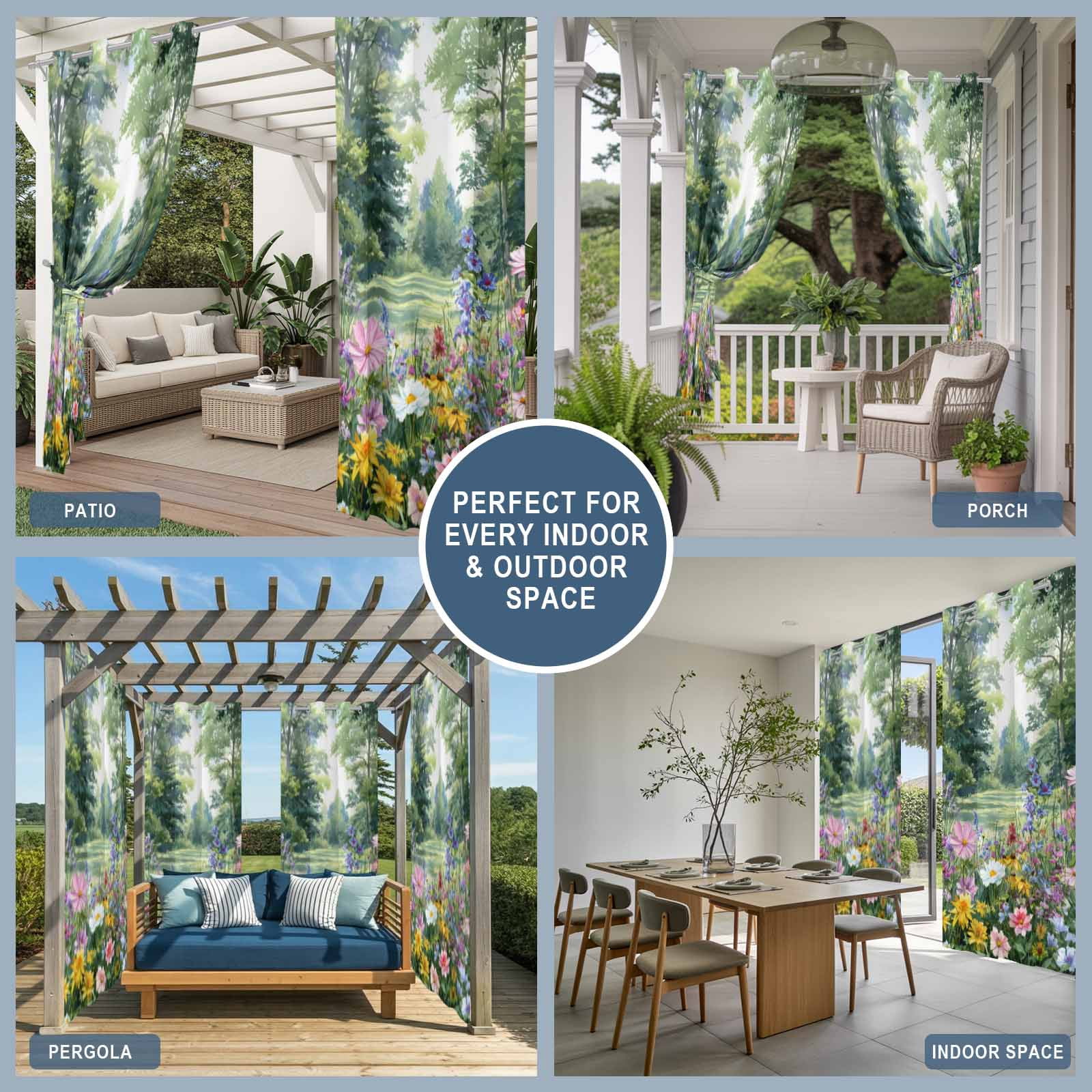 Outdoor Curtains for Patio Waterproof, Colorful Floral Spring Outdoor Privacy Panels Grommet, Daisy Green Forest Pastoral Blackout Outside Curtains for Porch/Cabana/Pergola/Gazebo 54"x84", 2 Panels
