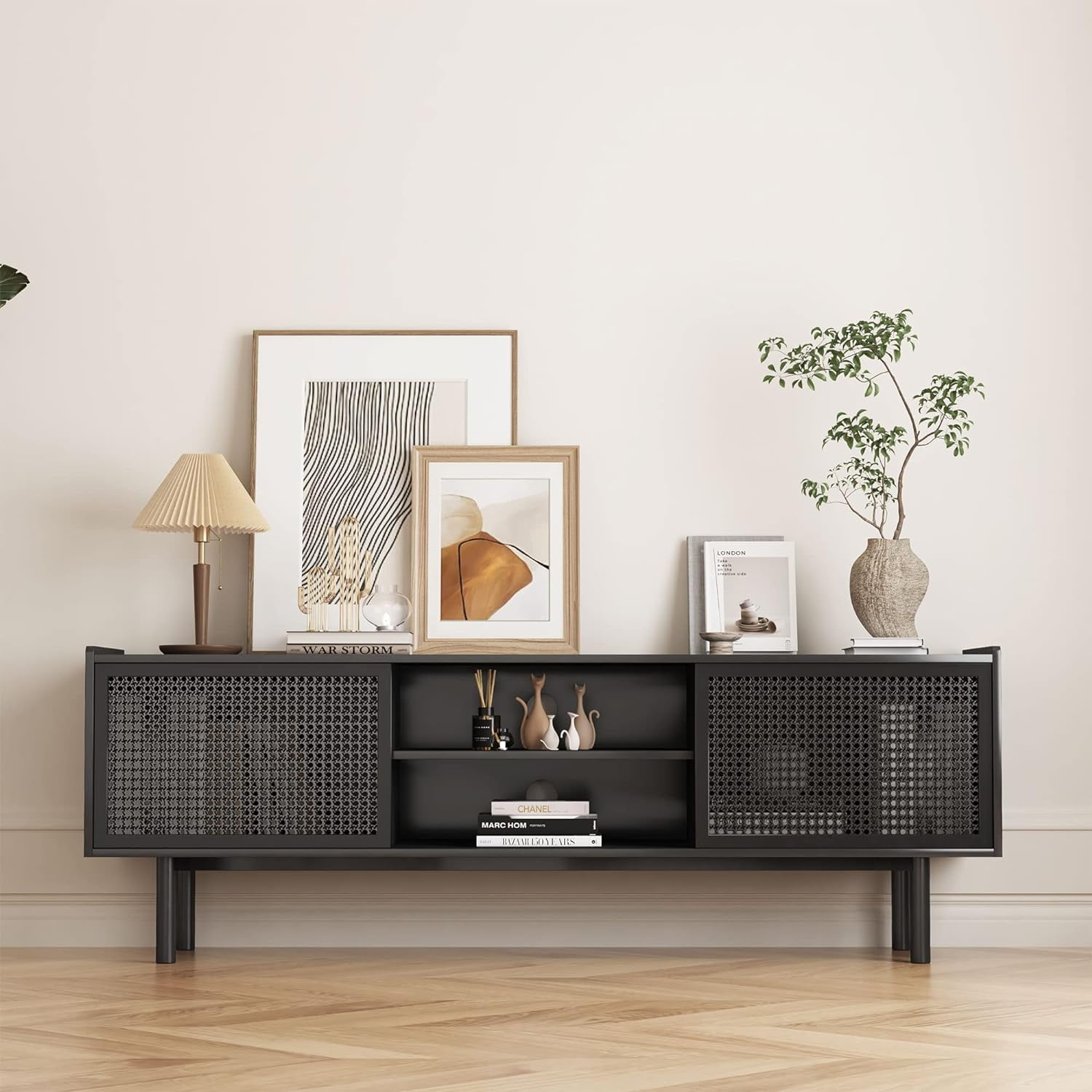 Weselon TV Stand for 70" TVs, Iron Rattan Storage Cabinet