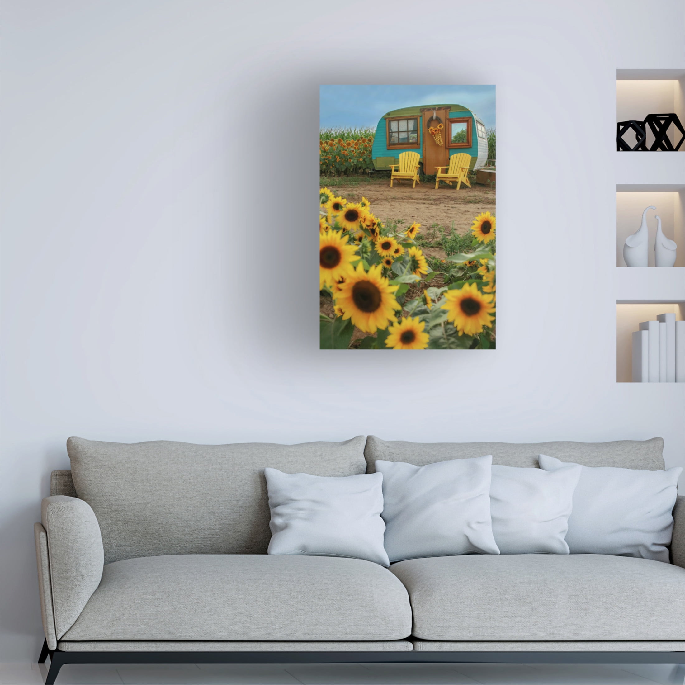 Canvas Wall Art - Carrie Ann Grippo-Pike 'Vintage Camper and Sunflowers 1' Wall Art for Living Room, Bedroom, or Office Décor by Trademark Fine Art - 12 x 19 Inches