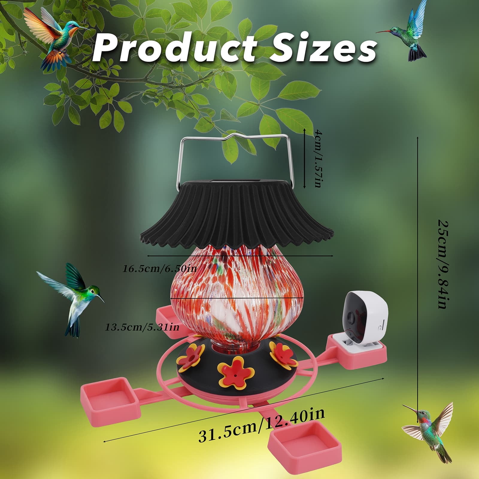 Diceymbol Smart Humming Bird Feeder With 1080P HD Camera Solar Powered Bird Feeder With LED Light 4 Feeding Ports Outdoor Garden Bird Watching Feeder For Patio Backyard