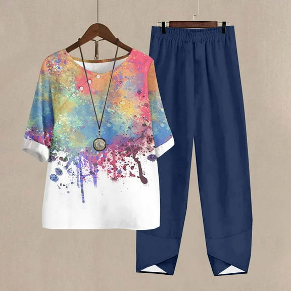 Teissuly Women's Casual Round Neck 5/4 Sleeve Top And Pants Digital Printing Two-piece Set