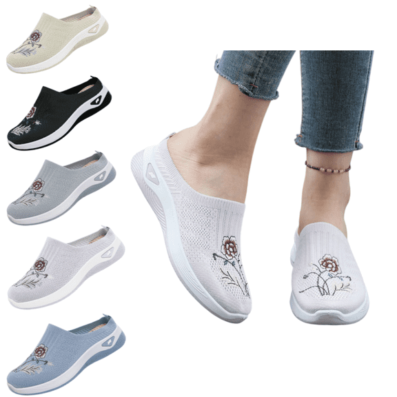 EKVAHL Women's Knitted Mules Comfortable Slip-On Sneakers Soft Soles Non-Slip Orthopedic Backless Mesh Flats with Arch Support,Summer Lightweight Breathable Casual Walking Shoes Light pink