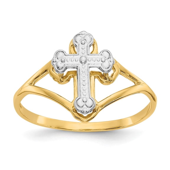 14K Two-Tone Gold Ring Band Themed with Rhodium Cross