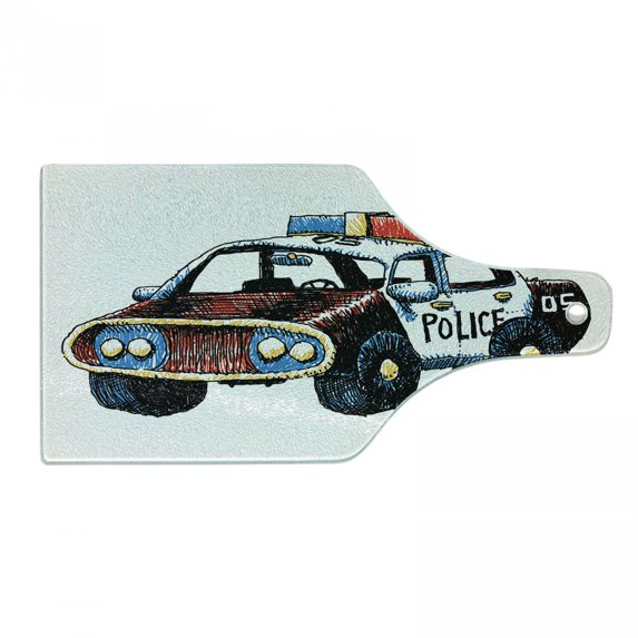 Police Cutting Board, Cartoon Hand Drawn Police Car Unusual Design with Sketchy Coloring Print, Tempered Glass Cutting and Serving Board, Wine Bottle Shape, Red Yellow and Blue, by Ambesonne