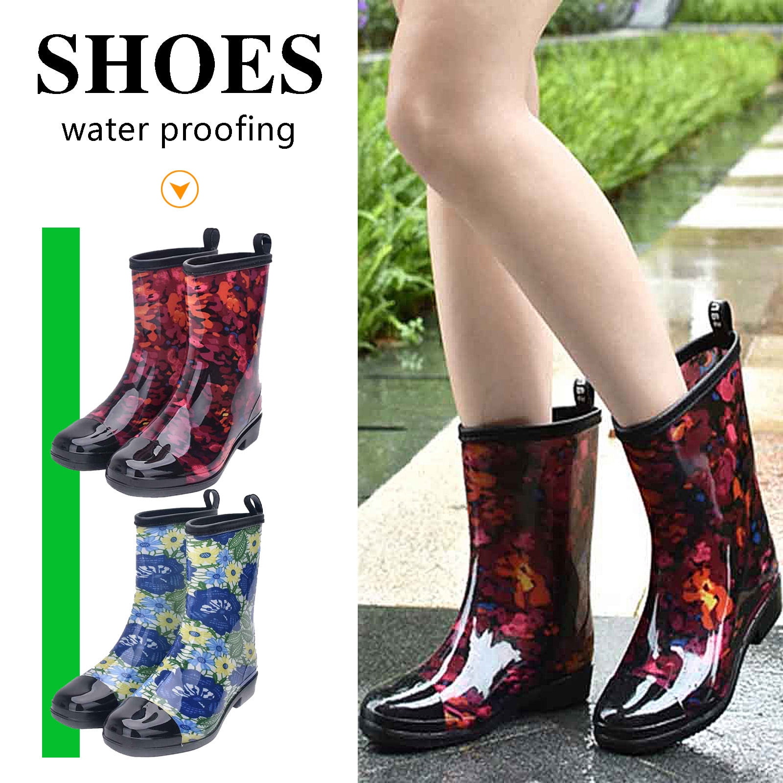 Xfvqtps Rain Boots for Women Mid Calf Flower Print Black Toe Cap Garden Shoes Waterproof Non Slip Rubber Sole Outdoor Work PVC Rain Shoes Blue