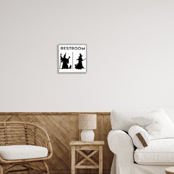 Stupell Industries Rustic Witch & Wizard Halloween Restroom Sign Graphic Art Gray Framed Art Print Wall Art, Design by Daphne Polselli
