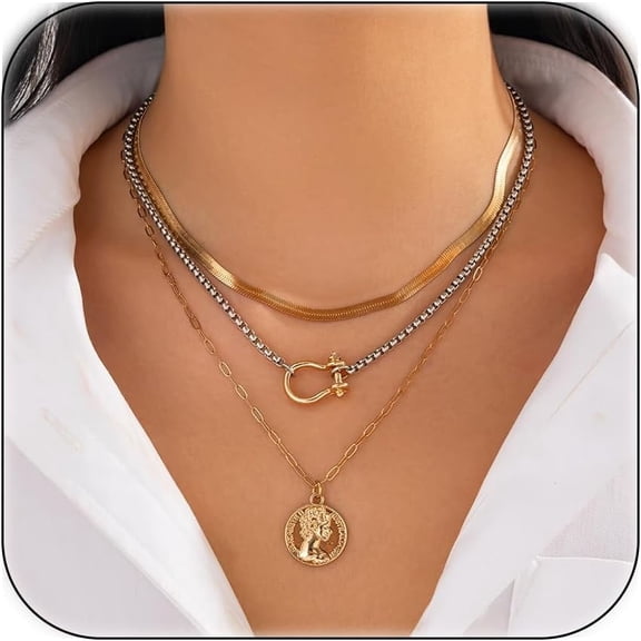 Gold Layered Necklaces for Women Chunky Silver Necklace Coin Paperclip Stacked Necklace Trendy Statement Jewelry