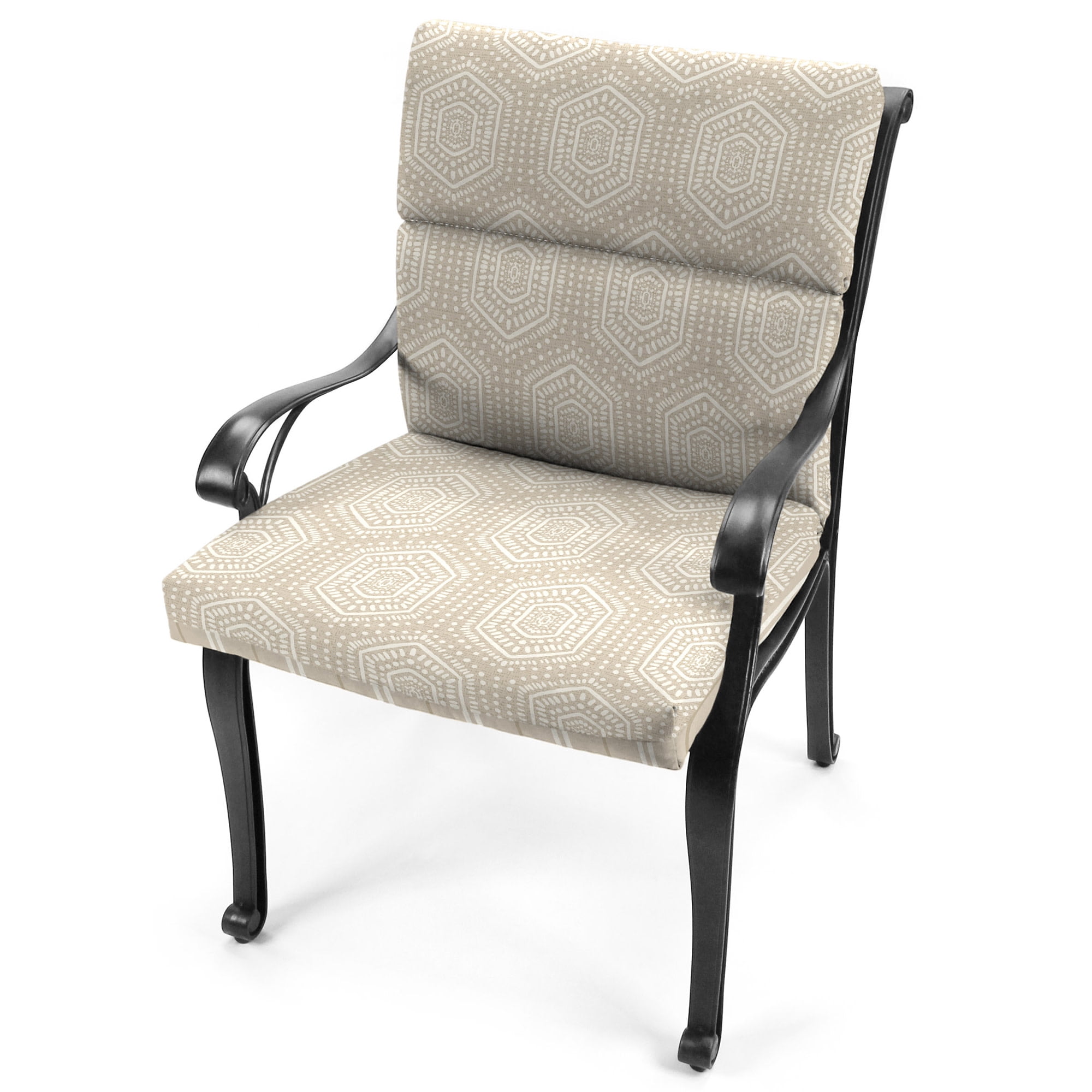 Jordan Manufacturing 44" x 22" Chet Taupe Geometric and Gallan Taupe Stripe Reversible Rectangular Outdoor Chair Cushion with Ties and Hanger Loop