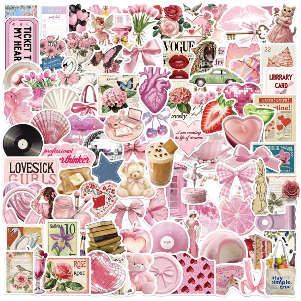 Stickers FYFDLLTF 100 unidades adhesivos estéticos rosa vintage impermeables