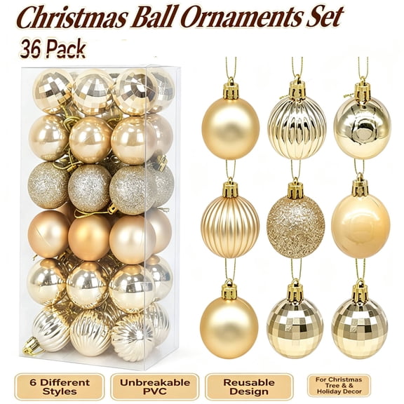 36PCS Christmas Tree Ball Ornaments – 6 Styles Shatterproof Hanging Decorations, 1.6" Diameter, for Festival, Holiday & Party Decor,Gold