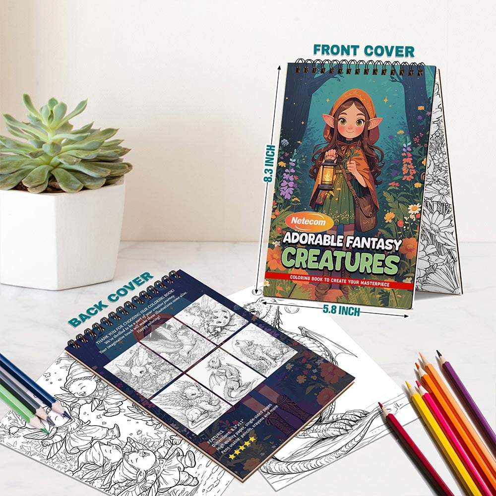 Netecom Adorable Fantasy Creatures Coloring Book Spiral Bound For Adults, A5 Wooden Cover, 30 Whimsical Coloring Pages of Cute Mythical Creatures for Stress Relief and Relaxation
