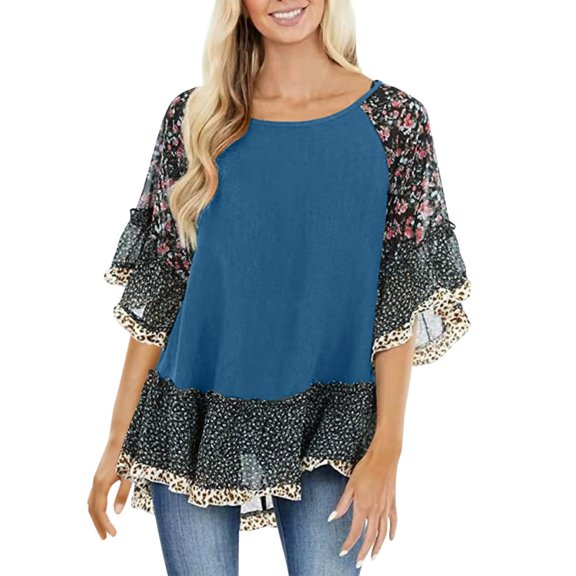 Jamsmile Women T-Shirts Summer Bat Sleeve Color Matching Floral Print Half Sleeve T Shirts Oversize Bohemian Pullovers Tops