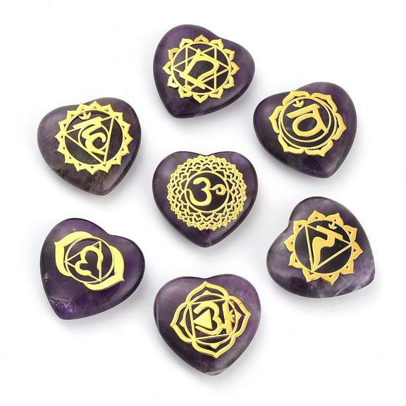 2 set 7pcs 7 styles Chakra Natural Amethyst Love Heart Ornaments Figurines Reiki Energy Stone Balancing Meditation Gift 20x20x6mm 1pc/style Amethyst