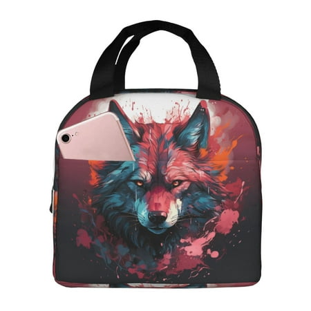 Insulated Lunch Bag for Women Men - Red Flame Wolf Head Leakproof Cooler Lunch Box for Women Men  Lunch Tote Bags for Work School Picnic Travel