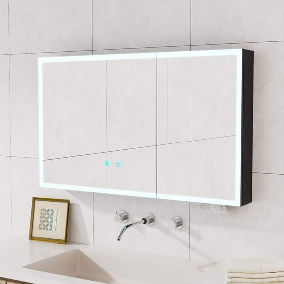 Mirror Medicine Cabinet with Storage,White led Lighted Bathroom Mirror Anti Fog smart Medicine Cabinet,wall Mounted Bathroom Mirror Cabinet,35.4 * 23.6 Two Door Aluminum Cabinet,Black
