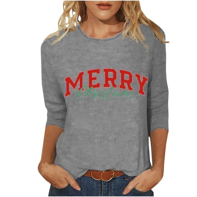 Pisexur Joyeux Noël T-Shirts pour Femmes Col Rond Manches 3/4 Mode Vacances Tee Tops Mode Ample Automne