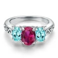 thumbnail image 3 of Gem Stone King 925 Sterling Silver Red Created Ruby and Blue Apatite Filigree Style 3 Stone Ring for Women (2.40 Cttw, Oval 8X6MM and 6X4MM) (Size 8), 3 of 6
