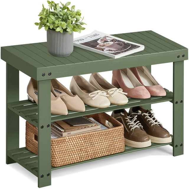 Banco para zapatos SONGMICS, bambú, 3 niveles, color verde bosque