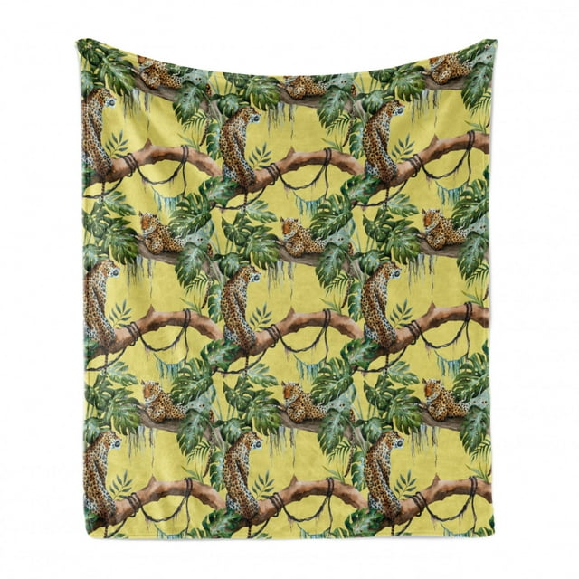 Watercolor Soft Flannel Fleece Throw Blanket, Leopards in the Jungle Tropical Scene Tree Branches and Leaves, Cozy Plush for Indoor and Outdoor Use, 50" x 60", Yellow Green Pale Yellow, by Ambesonne