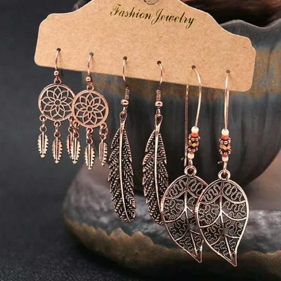 GKNET 3 Pairs Boho Gypsy Earrings Set Women Ethnic Tassel Ear Hook Drop Dangle Jewelry-23-3Pairs Gold catcher