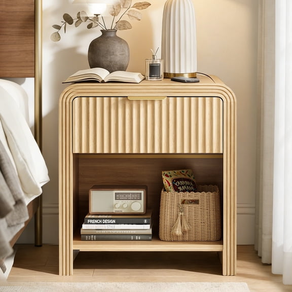 Evmore Modern Fluted Nightstand with Charging Station, Curved Wood End Table with Drawer & Open Shelf, Natural Oak，Gold Handle Bedside Table for Bedroom,