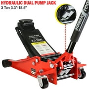 Low Profile Floor Jack, Seizeen 3 Ton(6600 lbs) Trolley Jack Dual Lift Pump, Quick Lift 3-3/10" - 18-4/20", Heavy-Duty Steel Jack with 45''L Extended Handle, Car Jack w/Wheels, Rubber Saddle, Red
