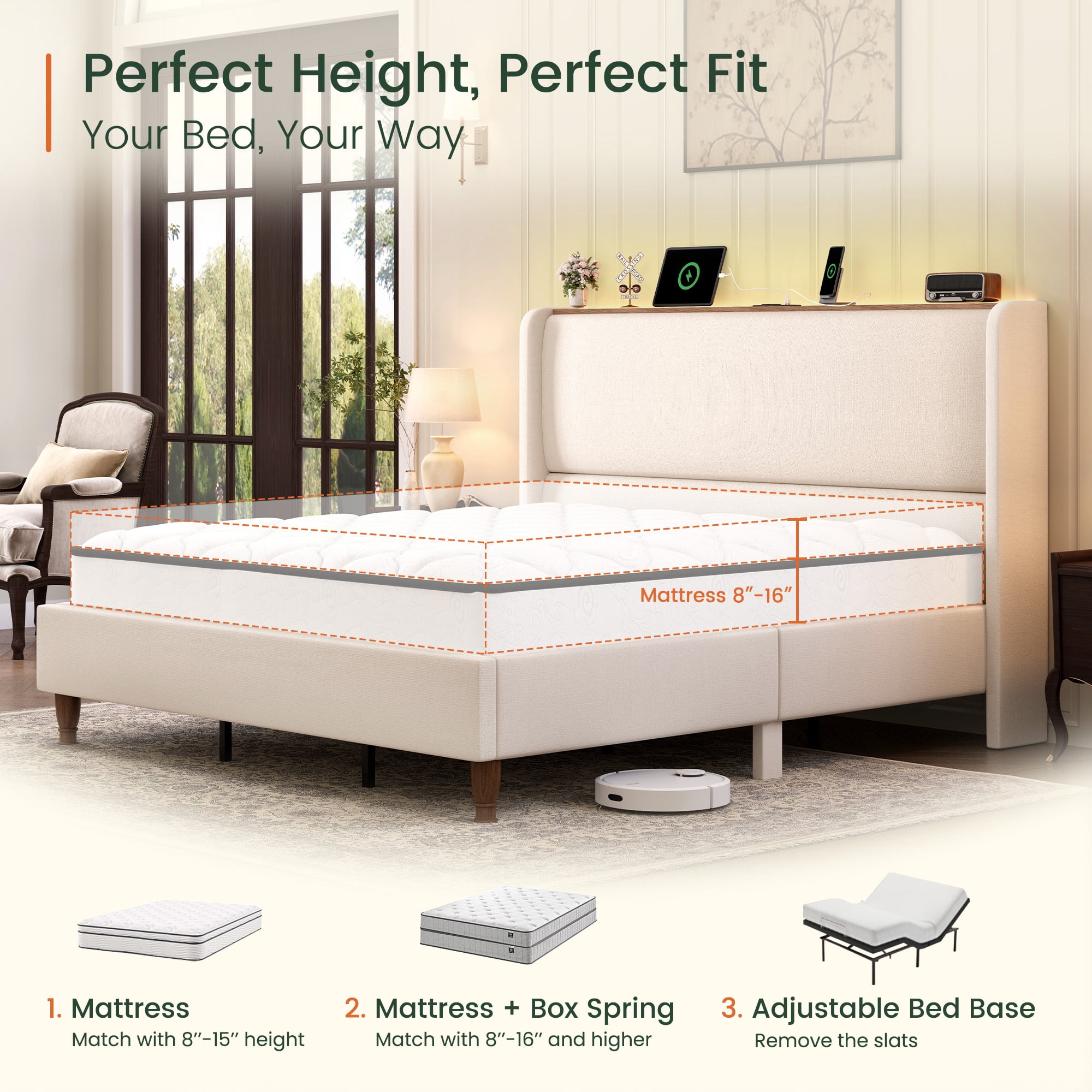 Breltam Upholstered Platform Bed with Wingback Headboard, Queen Bed Frame with LED Lights and Charging Station, Beige