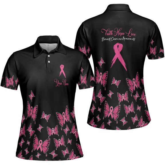 Personalized Breast Cancer 3D Polo Shirt, Pink Ribbon Awareness Polo, Survivor Pride Shirt Breast Cancer Tshirt (S)