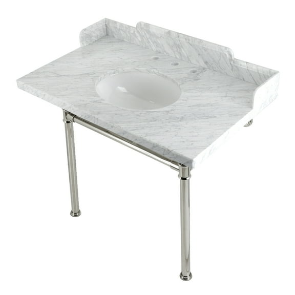 Kingston Brass LMS3622M86ST Wesselman 36" Carrara Marble Console Sink with Stainless Steel Legs (8-Inch, 3-Hole), Carrara Marble White/Polished Nickel