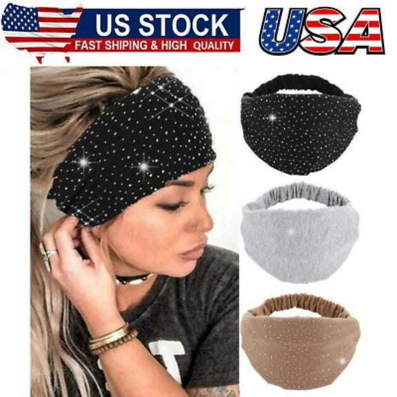 Rhinestone Headband Black Wide Head Wraps Crystal Bling Headbands Elastic