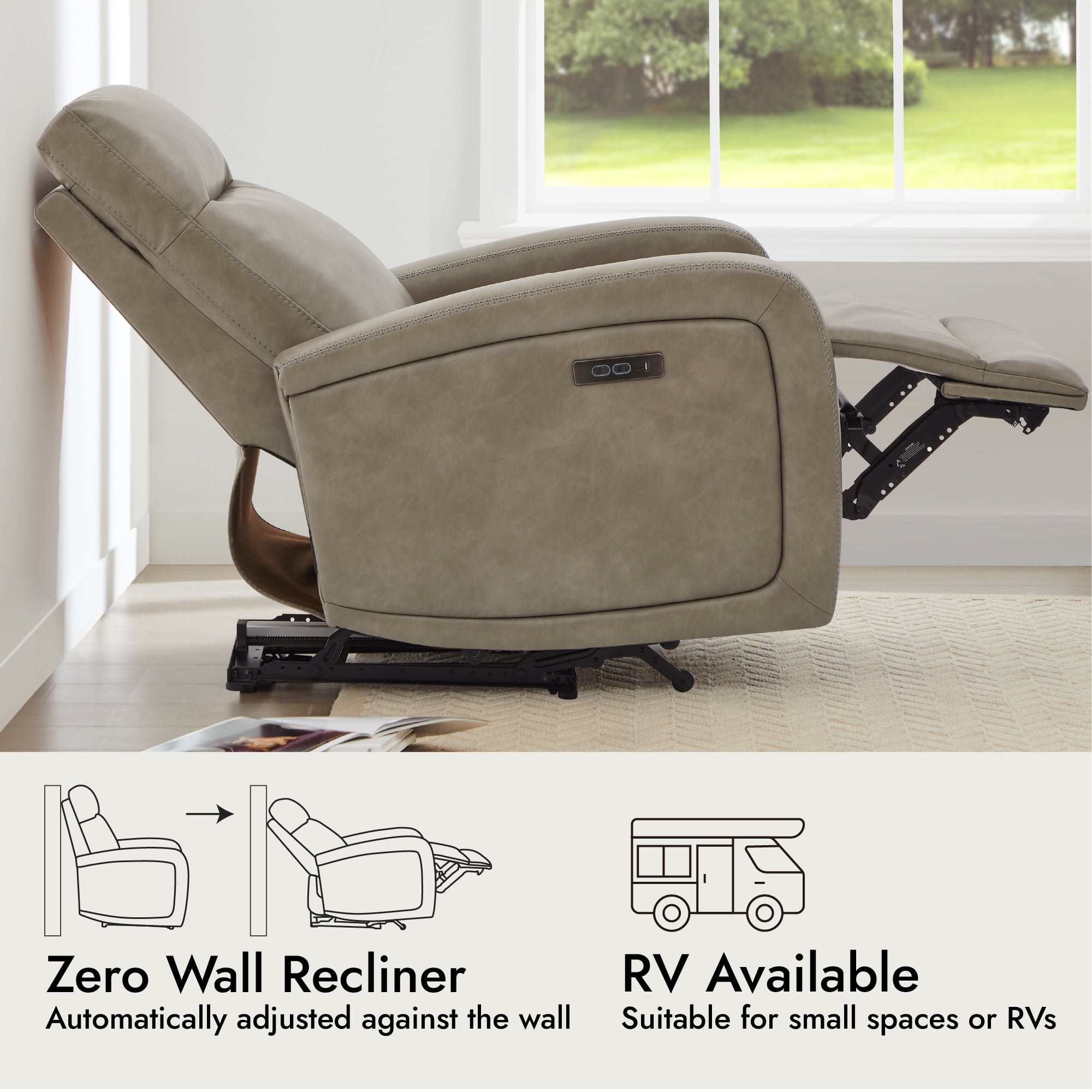 Spruce & Spring Zero Wall Hugger Power Recliner for Compact Spaces, Gray-Faux Leather