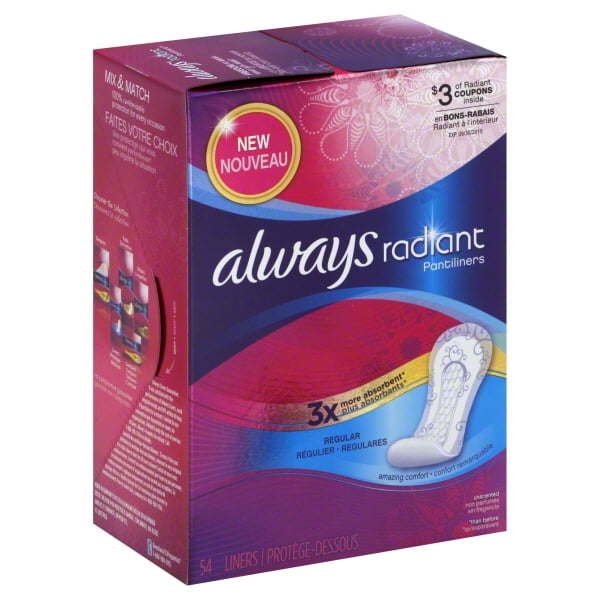 Always Radiant Daily Liners, Regular, 54 Count