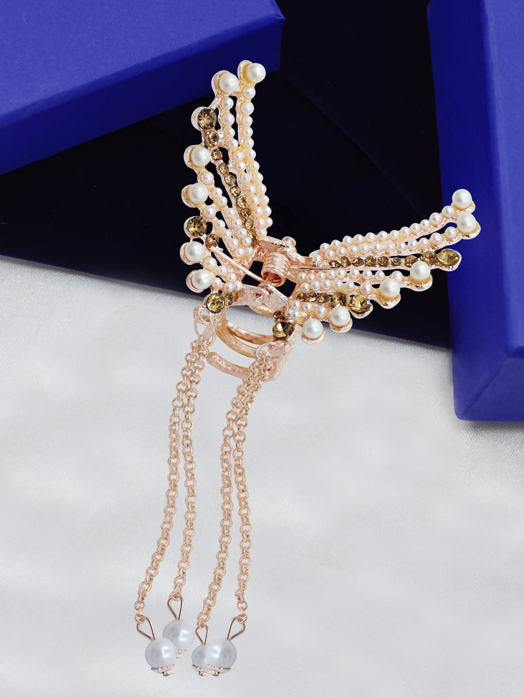 Radhna Elegant Tassel Butterfly Pearl Hair Clip Rose Gold Plated Flying Metal Hair Claw Clip Clamps Hair Styling Hair Clips For Women & Girls