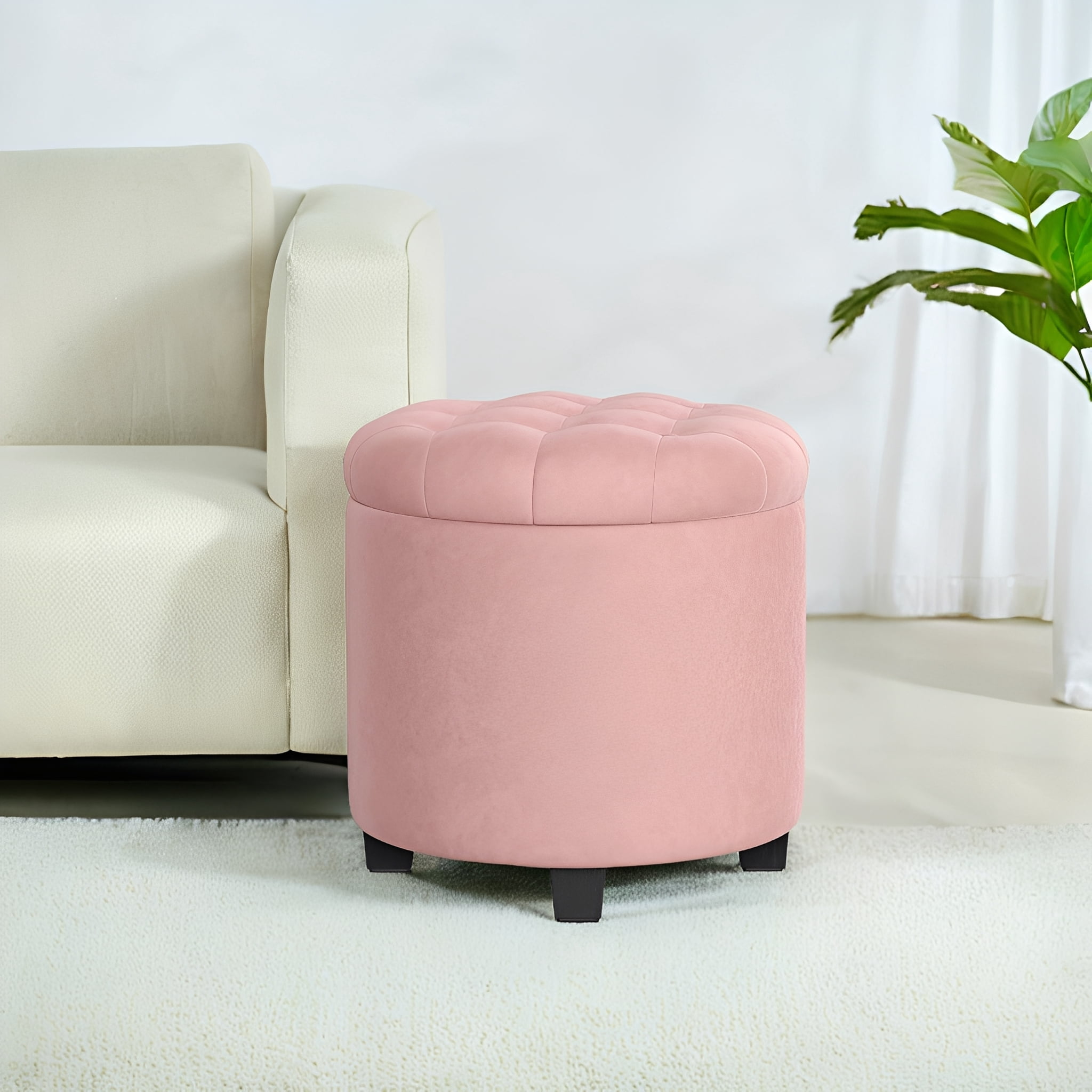LEDREM Round Velvet Storage Ottoman - 17.7" Foot Rest Stool with Hidden Compartment, 330lb Capacity, for Living Room, Bedroom, Dorm, Jelly Pink