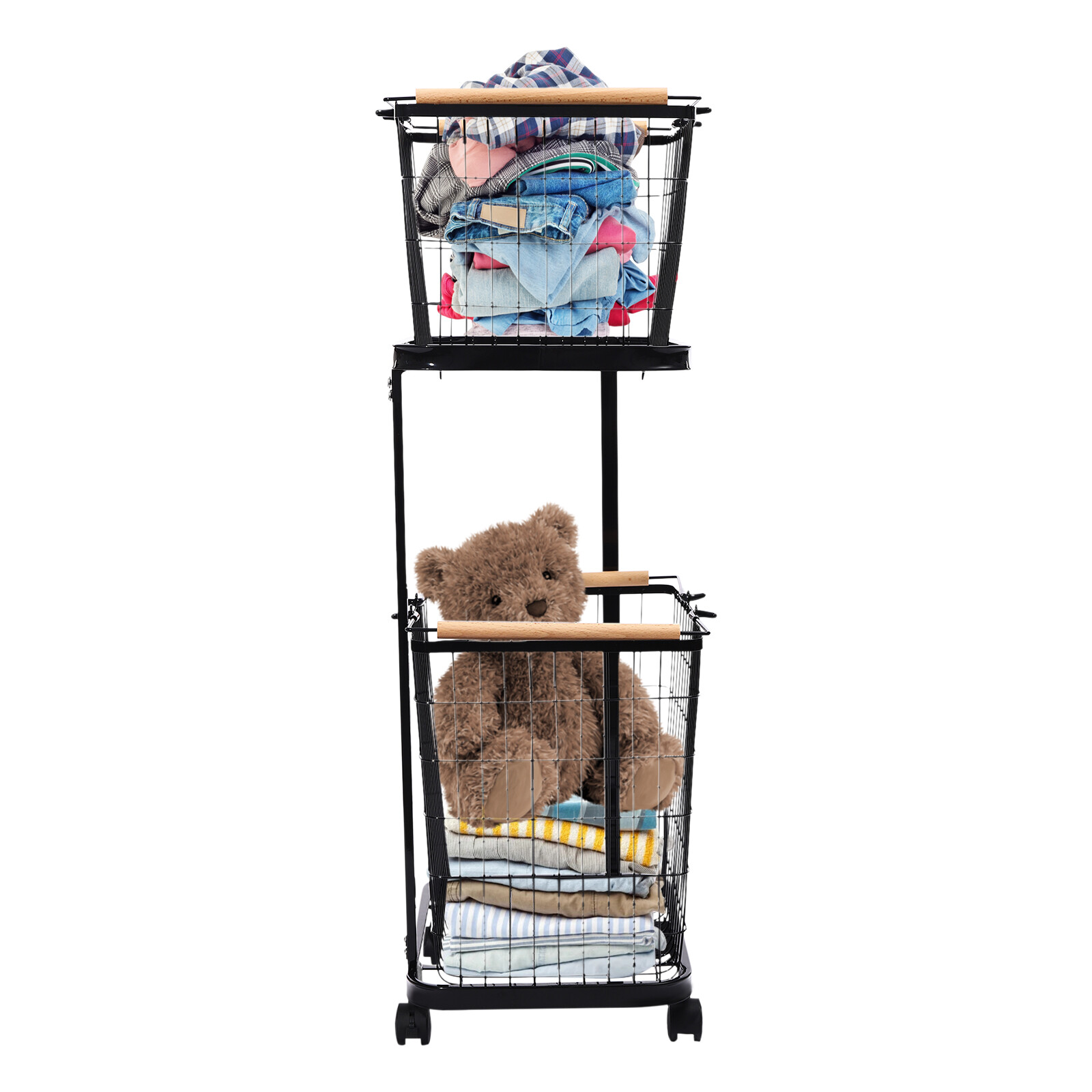 2 Tiers Metal Laundry Basket on Wheels Rectangular Black Large Laundry Hampers Laundry Room Organization and Storage with Removable Wire Baskets Clothing Sorting Laundry Baskets
