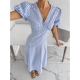thumbnail image 5 of Blue And White Striped V-Neck Petal Sleeve Midi Dress For Women, 5 of 7