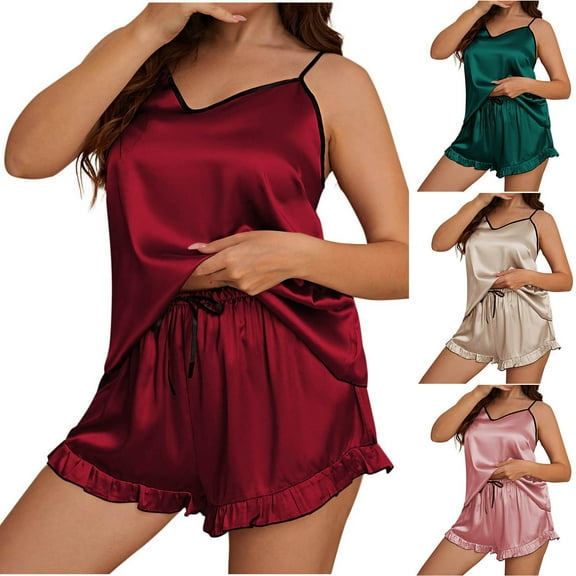 lcziwo Pajamas for Women Set Plus Size Soft 2 Piece Outfit Solid Color Spaghetti Strap Backless Ruffle Topss and Shorts Holiday Sleepwear Red XXXL