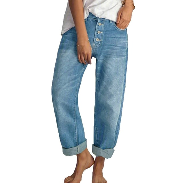 Timegard Jean Pants for Women Straight Leg Button Classic Denim Trousers with Pockets Fall Fashion