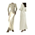thumbnail image 3 of Women'S Solid Color Long Sleeve Crew Neck Ruched Waist Flowy A Line High Low Midi Irregular Split Dress Apricot XL, 3 of 7