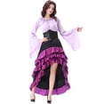 thumbnail image 4 of Medieval Halloween Party Dress, Steampunk Renaissance Pirate Costume Outfit, Bell Long Sleeve Blouse High Low Ruffle Corset Skirt, Gothic Medieval Pirate Cosplay Dress for Halloween Party, Purple M, 4 of 4