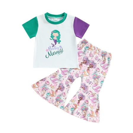 

Hirigin Girls Short Sleeve Round Neck Mermaid Tail Tops Bell-Bottoms Pants