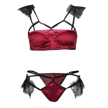 

Women S Lady Lace Flower Bra No Steel Ring Gathered Bra Thong Pajamas Set