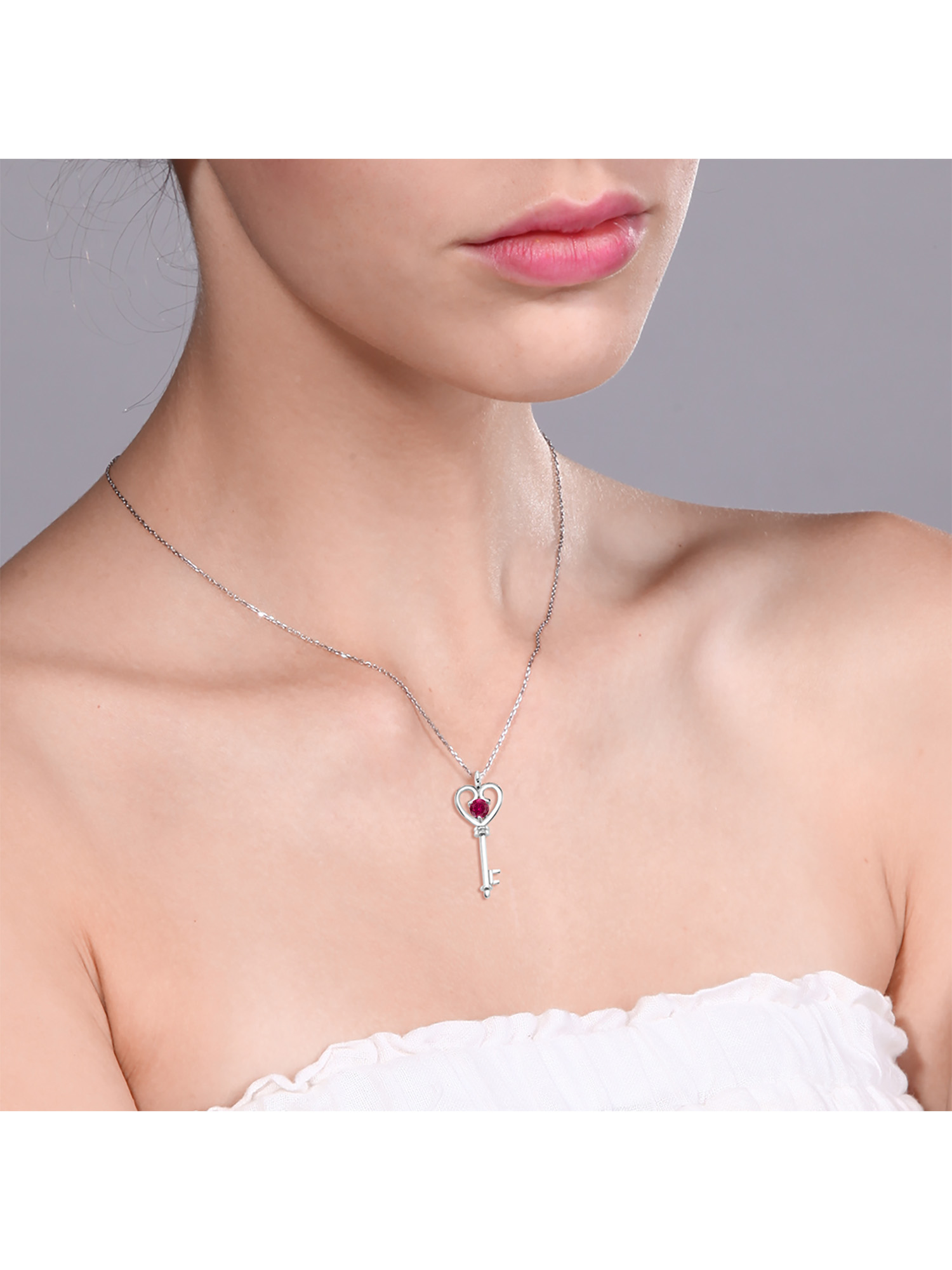 Gem Stone King 925 Sterling Silver Red Created Ruby Heart Key Pendant  Necklace (0.60 Ct Round With 18 inch Silver Chain)