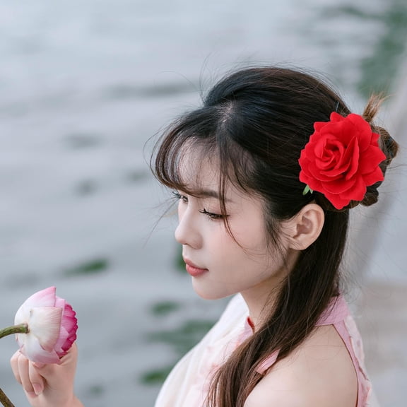 TEHAUX Red Rose Flower Hair Clip Set for Women, Valentine’s Day Hair Accessories, Cloth Hair Clips for Everyday and Special Occasions