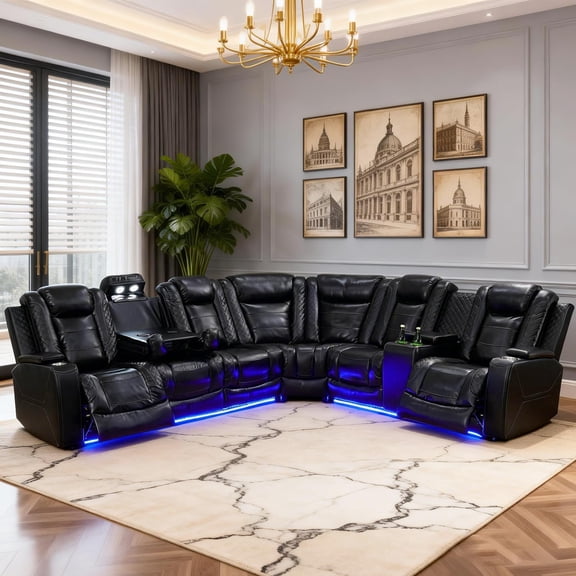 Saxum Tegmen Power Reclining Sectional Sofa for Living Room, Modern Leather Couch Set, Living Room Furniture Sets with LED Lights, Storage for Home Theater Seating (Black, Sectional)