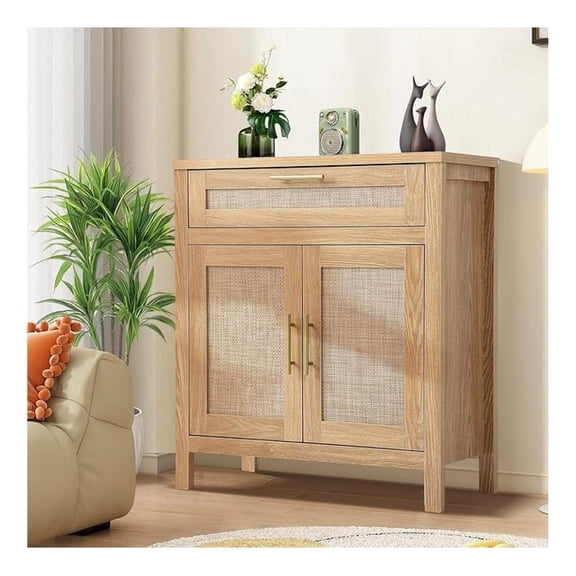 30" Rattan Accent Cabinet with Drawer, Boho Sideboard Storage Cabinet with Doors and Adjustable Shelf, Small Buffet Console Coffee Bar Organizer TV Stand for Entryway Dining Room, Natural Wood
